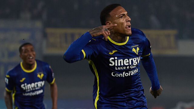 VERONA, ITALY - FEBRUARY 17: Michael Folorunsho of Hellas Verona FC celebrates after scoring his team's first goal during the Serie A TIM match between Hellas Verona and Juventus at Stadio Marcantonio Bentegodi on February 17, 2024 in Verona, Italy.