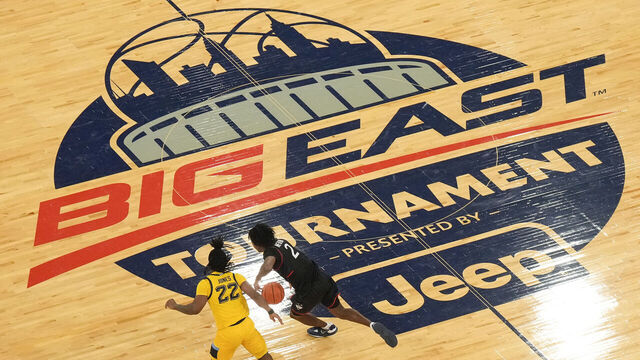 NEW YORK, NY - MARCH 10: Tristen Newton #2 of the Connecticut Huskies dribbles the ball near the logo during a semifinal game in the Big East Conference Tournament at Madison Square Garden on March 10, 2023 in New York City. .
