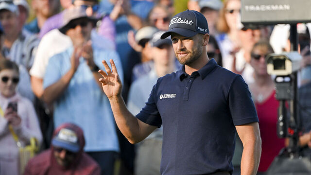 PONTE VEDRA BEACH, FLORIDA - MARCH 15: Wynham Clark waves to the crowd before hitting a tee shot on the 10th hole during the second round of THE PLAYERS Championship at Stadium Course at TPC Sawgrass on March 15, 2024 in Ponte Vedra Beach, Florida.