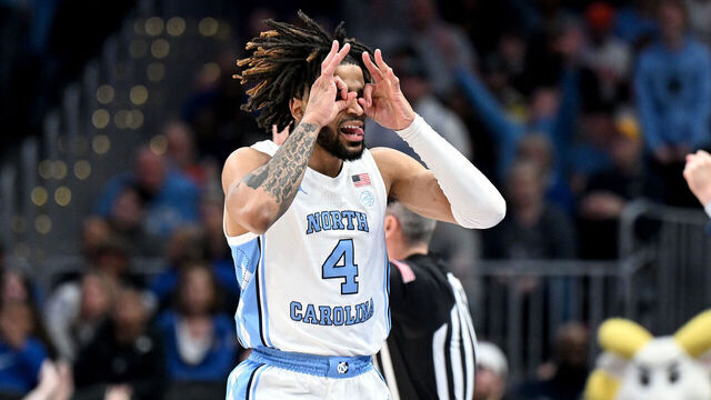 WASHINGTON, DC - MARCH 15: RJ Davis #4 of the North Carolina Tar Heels celebrates in the second half against the Pittsburgh Panthers in the Semifinals of the ACC Men's Basketball Tournament at Capital One Arena on March 15, 2024 in Washington, DC.