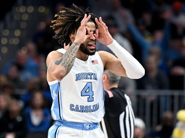 WASHINGTON, DC - MARCH 15: RJ Davis #4 of the North Carolina Tar Heels celebrates in the second half against the Pittsburgh Panthers in the Semifinals of the ACC Men's Basketball Tournament at Capital One Arena on March 15, 2024 in Washington, DC.