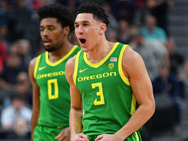LAS VEGAS, NV - MARCH 15: Oregon Ducks guard Jackson Shelstad (3) celebrates during the semifinal game of the men's Pac-12 Tournament between the Oregon Ducks and the Arizona Wildcats on March 15, 2024, at the T-Mobile Arena in Las Vegas, NV.