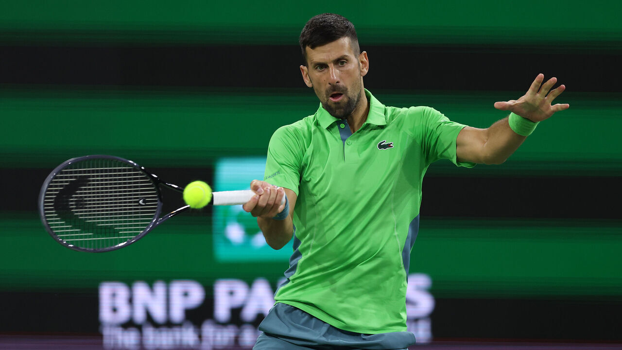 INDIAN WELLS, CALIFORNIA - MARCH 11: Novak Djokovic of Serbia plays a forehand against Luca Nardi of Italy in their third round match during the BNP Paribas Open at Indian Wells Tennis Garden on March 11, 2024 in Indian Wells, California.