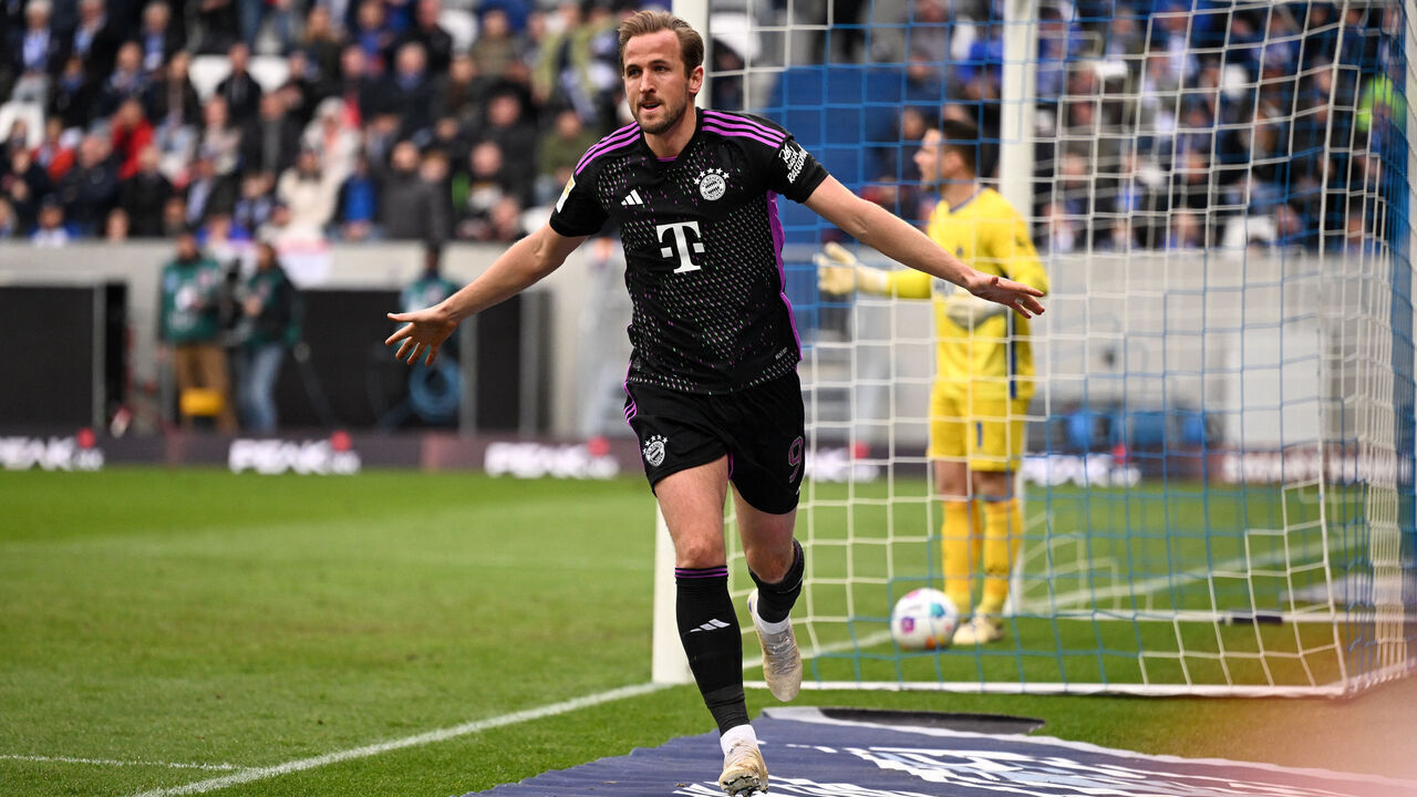 Bayern Munich's English forward #09 Harry Kane celebrates scoring during the German first division Bundesliga football match between SV Darmstadt 98 and FC Bayern Munich in Darmstadt, western Germany on March 16, 2024.