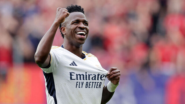 PAMPLONA, SPAIN - MARCH 16: Vinicius Jr of Real Madrid celebrates 1-4 during the LaLiga EA Sports match between Osasuna v Real Madrid at the El Sadar Stadium on March 16, 2024 in Pamplona Spain