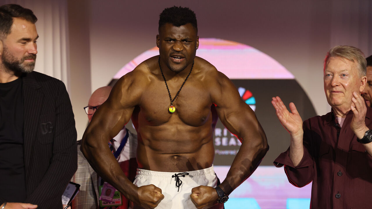 RIYADH, SAUDI ARABIA - MARCH 7: Francis Ngannou at the weigh-in ahead of his fight with Anthony Joshua on March 7, 2024 in Riyadh, Saudi Arabia.