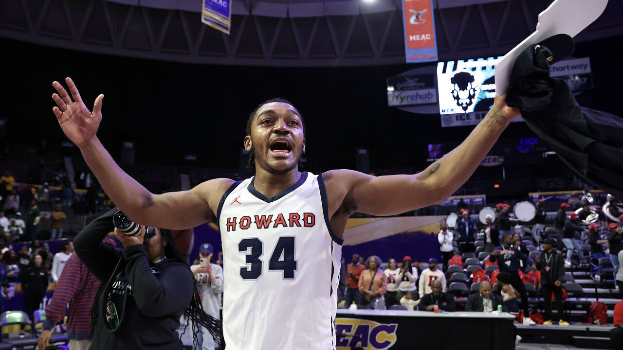 NORFOLK, VIRGINIA - MARCH 11: Bryce Harris #34 of the Howard Bison reacts after winning the 2023 MEAC Men's Basketball Tournament Championship against the Norfolk State Spartans at Norfolk Scope Arena on March 11, 2023 in Norfolk, Virginia.