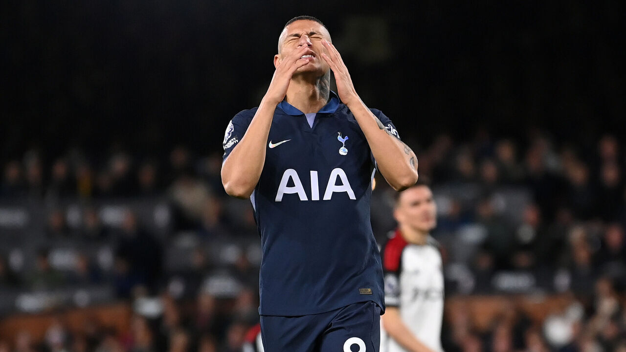 LONDON, ENGLAND - MARCH 16: Richarlison of Tottenham Hotspur reacts after a missed chance during the Premier League match between Fulham FC and Tottenham Hotspur at Craven Cottage on March 16, 2024 in London, England.