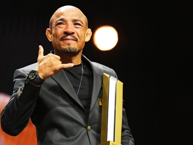 LAS VEGAS, NEVADA - JULY 06: Jose Aldo is inducted into the UFC Hall of Fame during the UFC Hall of Fame Induction Ceremony at T-Mobile Arena on July 06, 2023 in Las Vegas, Nevada.
