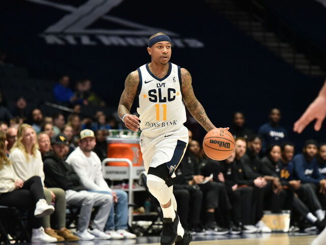 GRAND RAPIDS, MI - MARCH 16: Isaiah Thomas #11 of the Salt Lake City Stars dribbles the ball during the game against the Grand Rapids Gold on March 16, 2024 at the Van Andel Arena in Grand Rapids, Michigan. NOTE TO USER: User expressly acknowledges and agrees that, by downloading and/or using this photograph, user is consenting to the terms and conditions of the Getty Images License Agreement. Mandatory Copyright Notice: Copyright 2024 NBAE