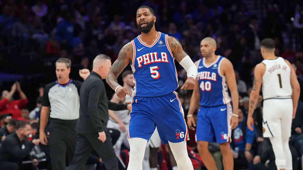 PHILADELPHIA, PA - JANUARY 16: Marcus Morris Sr. #5 of the Philadelphia 76ers reacts during the game against the Denver Nuggets on January 16, 2023 at the Wells Fargo Center in Philadelphia, Pennsylvania NOTE TO USER: User expressly acknowledges and agrees that, by downloading and/or using this Photograph, user is consenting to the terms and conditions of the Getty Images License Agreement. Mandatory Copyright Notice: Copyright 2024 NBAE