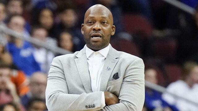 NEWARK, NJ - NOVEMBER 6: Head coach Bashir Mason of the St. Peter's Peacocks during the game against the Seton Hall Pirates at Prudential Center on November 6, 2023 in Newark, NJ.