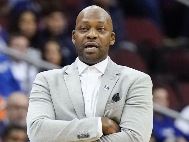 NEWARK, NJ - NOVEMBER 6: Head coach Bashir Mason of the St. Peter's Peacocks during the game against the Seton Hall Pirates at Prudential Center on November 6, 2023 in Newark, NJ.