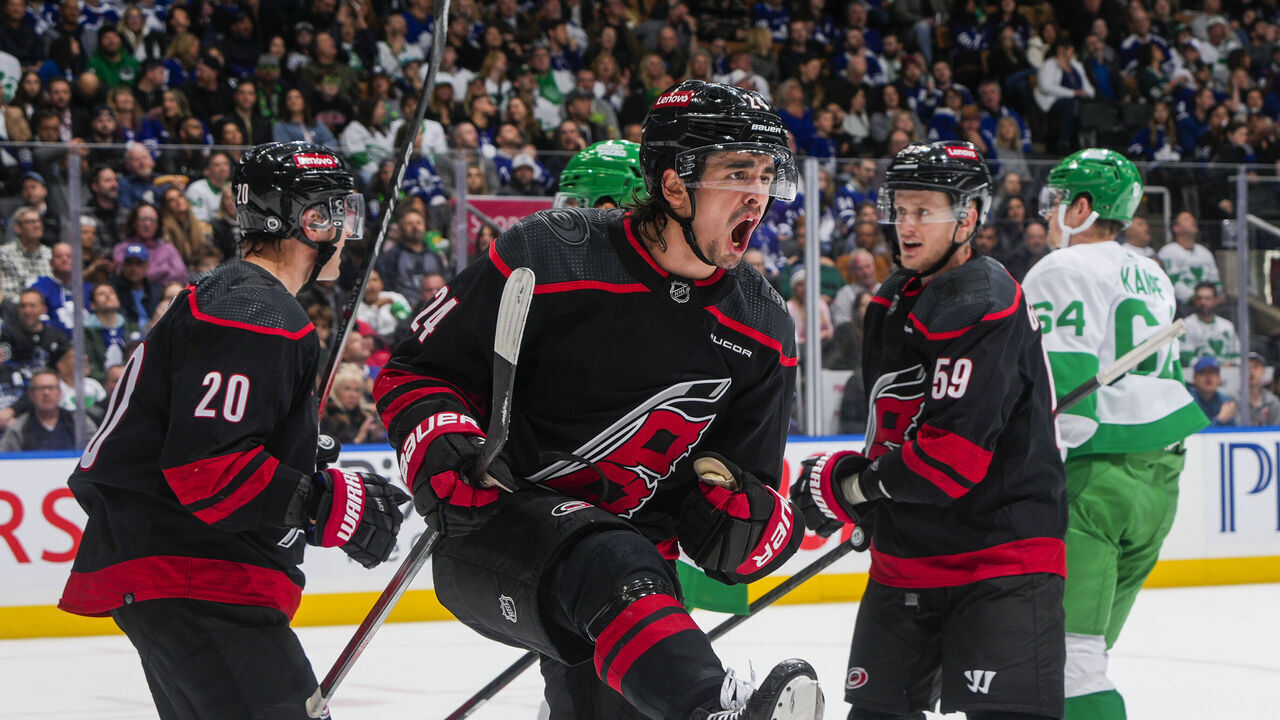 TORONTO, ON - MARCH 16: Seth Jarvis #24 of the Carolina Hurricanes celebrates his goal against the Toronto Maple Leafs during the second period at Scotiabank Arena on March 16, 2024 in Toronto, Ontario, Canada.