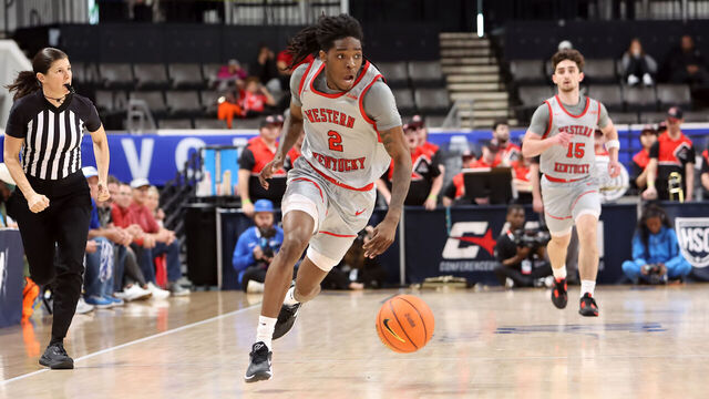 HUNTSVILLE, AL - MARCH 15: WKU Hilltoppers guard Don McHenry (2) during the semifinal game of the 2024 Conference USA Men's Basketball Championship between the Middle Tennessee Blue Raiders and the Western Kentucky Hilltoppers on March 15, 2024 at Propst Arena in Huntsville, Alabama.