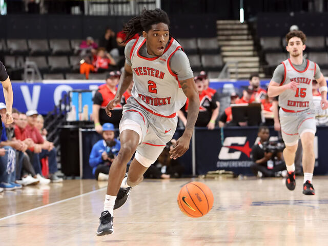 HUNTSVILLE, AL - MARCH 15: WKU Hilltoppers guard Don McHenry (2) during the semifinal game of the 2024 Conference USA Men's Basketball Championship between the Middle Tennessee Blue Raiders and the Western Kentucky Hilltoppers on March 15, 2024 at Propst Arena in Huntsville, Alabama.