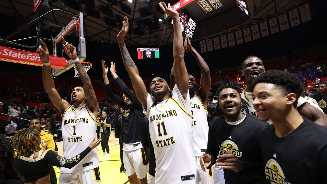 SALT LAKE CITY, UT - FEBRUARY 18: Jourdan Smith #11 of the Grambling State University Tigers celebrates with his team during NBA HBCU Classic as part of 2023 NBA All Star Weekend on Saturday, February 18, 2023 at the Jon M. Huntsman Center in Salt Lake City, Utah. NOTE TO USER: User expressly acknowledges and agrees that, by downloading and/or using this Photograph, user is consenting to the terms and conditions of the Getty Images License Agreement. Mandatory Copyright Notice: Copyright 2023 NBAE
