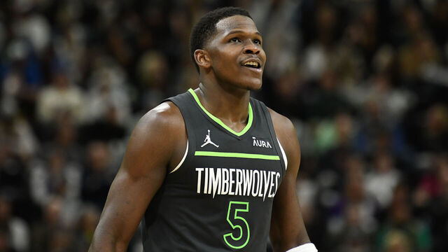 SALT LAKE CITY, UTAH - MARCH 16: Anthony Edwards #5 of the Minnesota Timberwolves looks on during the second half of a game against the Utah Jazz at Delta Center on March 16, 2024 in Salt Lake City, Utah.