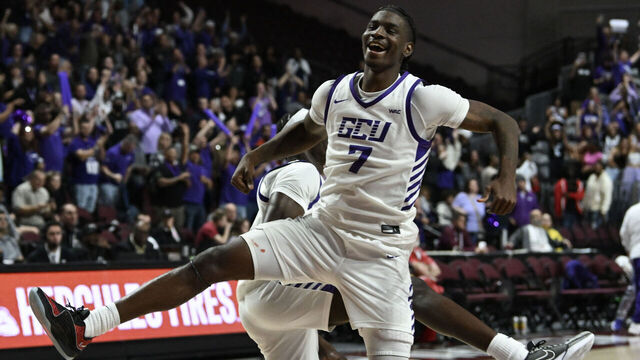 LAS VEGAS, NEVADA - MARCH 15: Tyon Grant-Foster #7 of the Grand Canyon Antelopes celebrates defeating the Seattle Redhawks 80-72 in the semifinal game of the Western Athletic Conference basketball tournament at the Orleans Arena on March 15, 2024 in Las Vegas, Nevada.