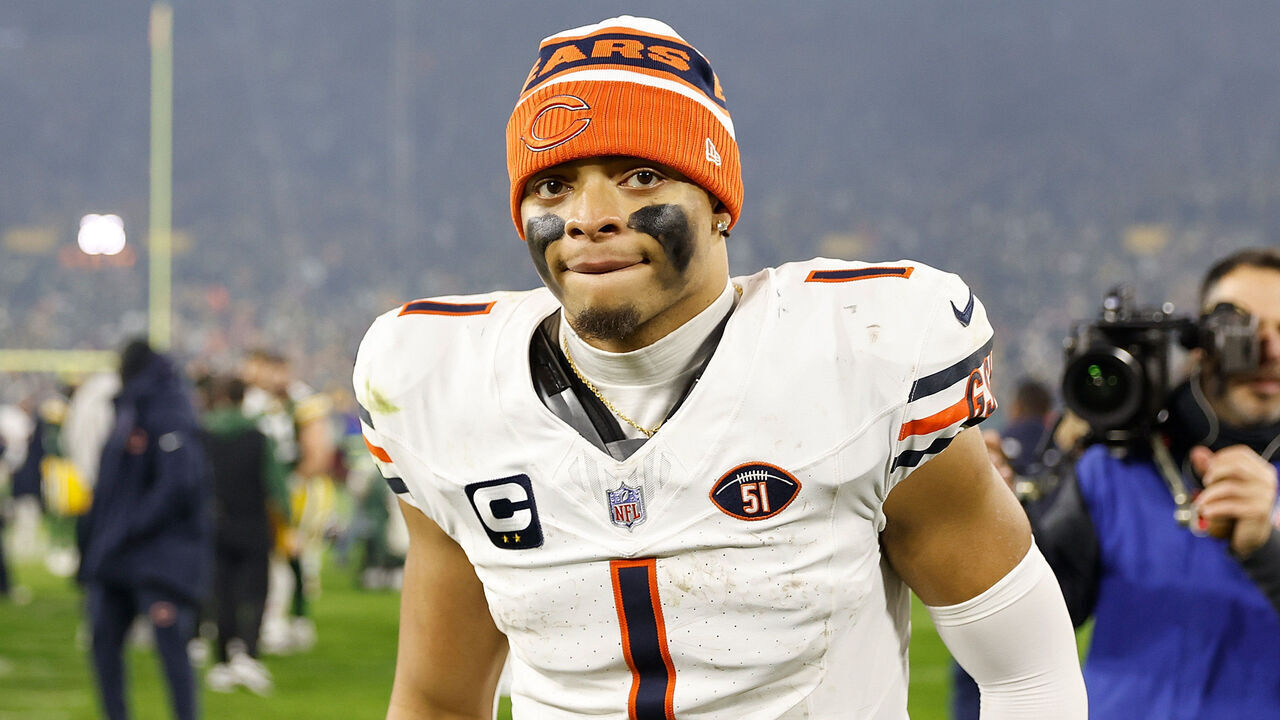 GREEN BAY, WISCONSIN - JANUARY 07: Justin Fields #1 of the Chicago Bears looks on after the game against the Green Bay Packers at Lambeau Field on January 07, 2024 in Green Bay, Wisconsin.