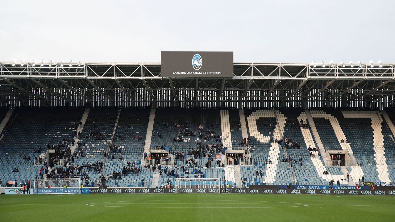 BERGAMO, ITALY - MARCH 17: General view inside the stadium as the match being postponed due to Joe Barone, CEO of ACFC Fiorentina (not pictured) suffering a heart attack during the Serie A TIM match between Atalanta BC and ACF Fiorentina at Gewiss Stadium on March 17, 2024 in Bergamo, Italy.