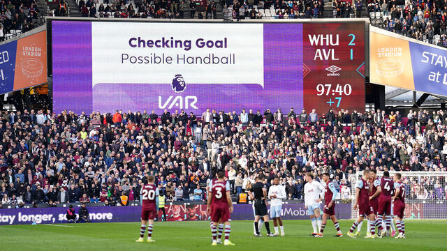 A VAR check for possible handball in Aston Villa's favour on the big screen during the Premier League match at at the London Stadium, London. Picture date: Sunday March 17, 2024.