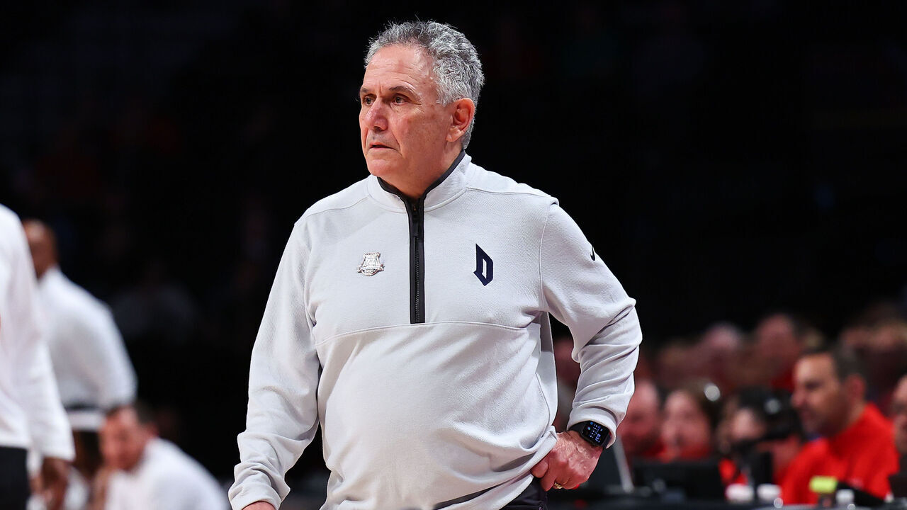 BROOKLYN, NY - MARCH 14: Keith Dambrot head coach of the Duquesne Dukes during the first half of the Atlantic 10 Championship tournament game against the Duquesne Dukes on March 14, 2024 at Barclays Center in Brooklyn, New York.