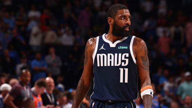 OKLAHOMA CITY, OK - MARCH 14: Kyrie Irving #11 of the Dallas Mavericks looks on during the game against the Oklahoma City Thunder on March 13, 2024 at Paycom Arena in Oklahoma City, Oklahoma. Mandatory Copyright Notice: Copyright 2024 NBAE