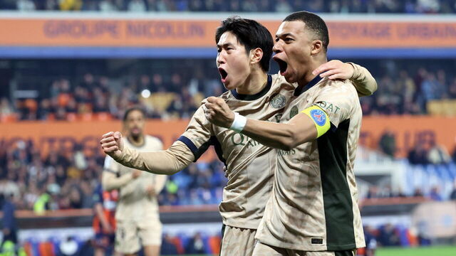 MONTPELLIER, FRANCE - MARCH 17: Lee Kang-In ##19 of Paris Saint-Germain celebrate his first goal with captain, Kylian Mbappe #7 during the Ligue 1 Uber Eats match between Montpellier HSC and Paris Saint-Germain at Stade de la Mosson on March 17, 2024 in Montpellier, France.