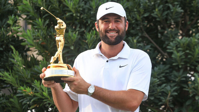 PONTE VEDRA BEACH, FLORIDA - MARCH 17: Scottie Scheffler of The United States holds the trophy after the final round of THE PLAYERS Championship at TPC Sawgrass on March 17, 2024 in Ponte Vedra Beach, Florida.