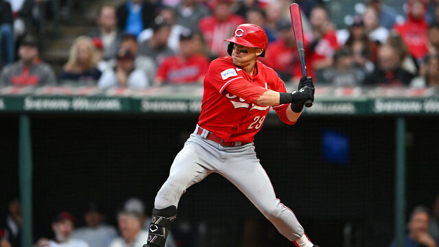 CLEVELAND, OHIO - SEPTEMBER 26, 2023: TJ Friedl #29 of the Cincinnati Reds bats during the third inning against the Cleveland Guardians at Progressive Field on September 26, 2023 in Cleveland, Ohio.