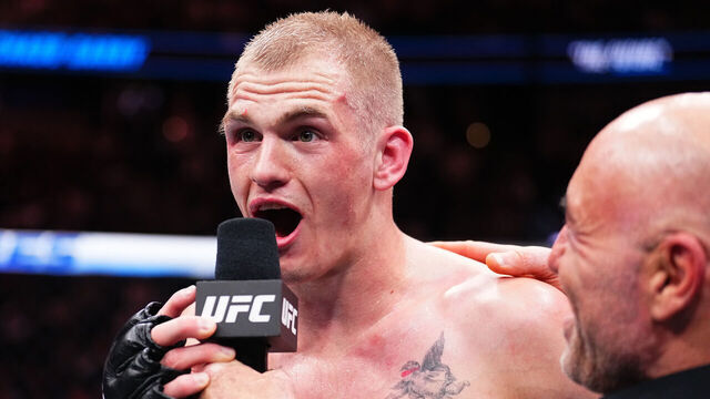 ANAHEIM, CALIFORNIA - FEBRUARY 17: Ian Garry of Ireland reacts after his split-decision victory against Geoff Neal in a welterweight fight during the UFC 298 event at Honda Center on February 17, 2024 in Anaheim, California.