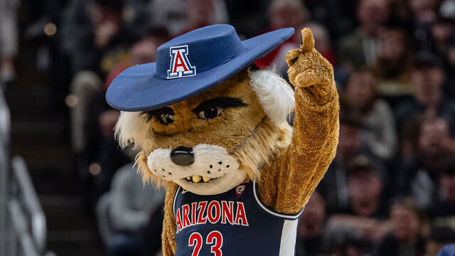 INDIANAPOLIS, INDIANA - DECEMBER 16: The Arizona Wildcats mascot is seen during the game against the Purdue Boilermakers in the Indy Classic at Gainbridge Fieldhouse on December 16, 2023 in Indianapolis, Indiana.