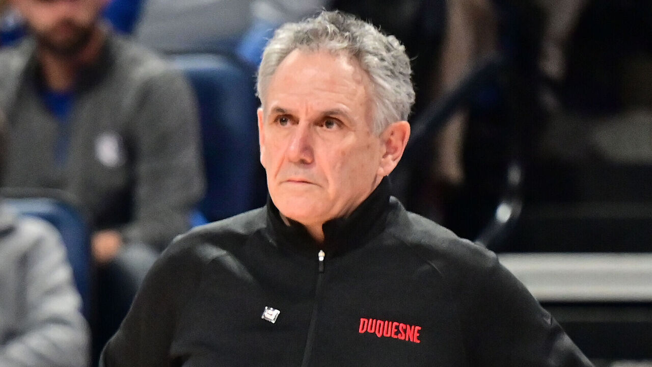 ST. LOUIS, MO - FEBRUARY 18: Duquesne coach Keith Dambrot watches his team play Lae in the second half during a college basketball game between the Duquesne Dukes and the Saint Louis Billikens on February 18, 2023, at Chaifetz Arena in St. Louis, MO