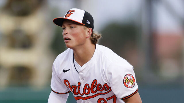 SARASOTA, FL - MARCH 13: Baltimore Orioles second baseman Jackson Holliday (87) fields his position during an MLB spring training game against the Atlanta Braves on March 13, 2024 at Ed Smith Stadium in Sarasota, Florida.