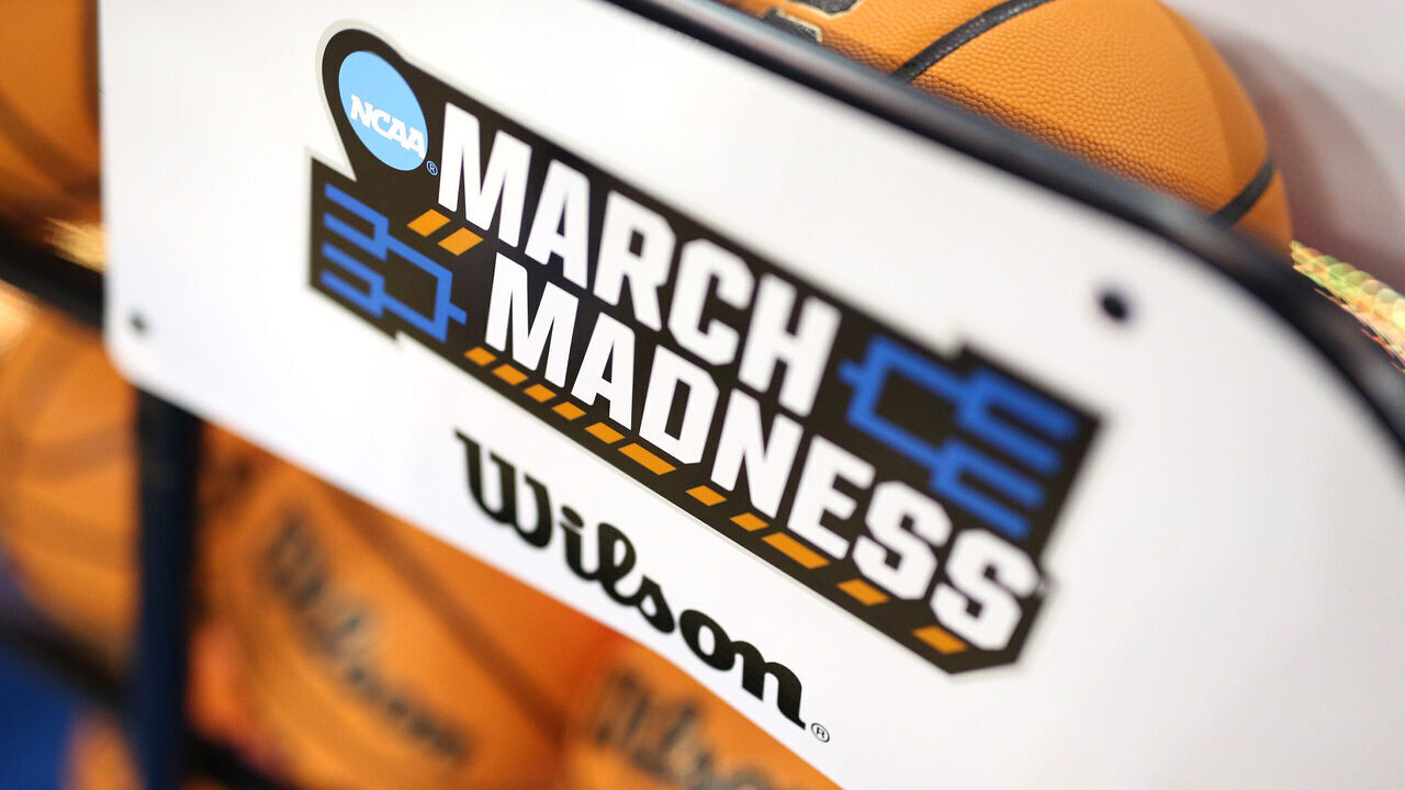 LOS ANGELES, CALIFORNIA - FEBRUARY 26: A view of an NCAA March Madness logo ahead of a game between the Colorado Buffaloes and the UCLA Bruins at UCLA Pauley Pavilion on February 26, 2024 in Los Angeles, California.