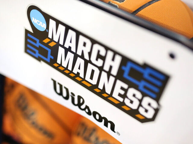 LOS ANGELES, CALIFORNIA - FEBRUARY 26: A view of an NCAA March Madness logo ahead of a game between the Colorado Buffaloes and the UCLA Bruins at UCLA Pauley Pavilion on February 26, 2024 in Los Angeles, California.