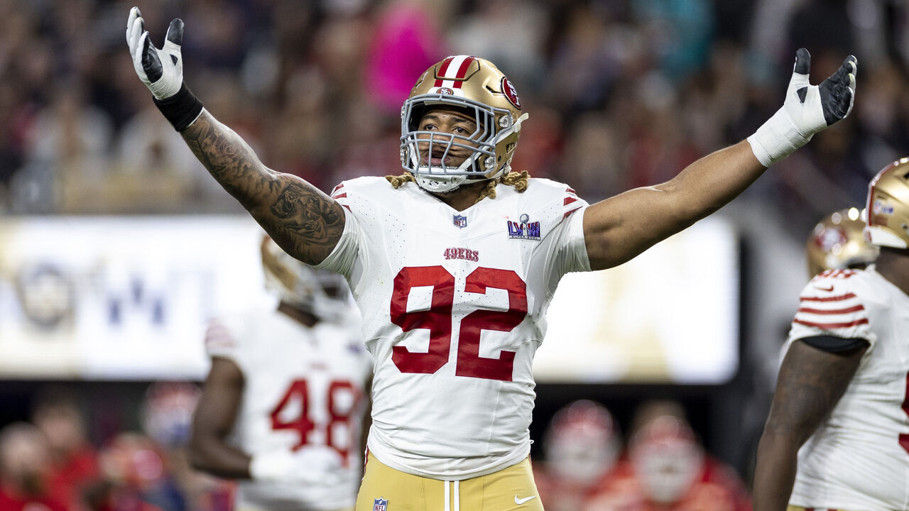 LAS VEGAS, NEVADA - FEBRUARY 11: Chase Young #92 of the San Francisco 49ers reacts during the NFL Super Bowl 58 football game between the San Francisco 49ers and the Kansas City Chiefs at Allegiant Stadium on February 11, 2024 in Las Vegas, Nevada.