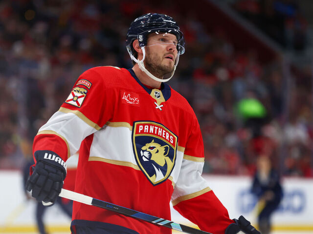SUNRISE, FLORIDA - DECEMBER 23: Dmitry Kulikov #7 of the Florida Panthers looks on against the Vegas Golden Knights during the first period of the game at Amerant Bank Arena on December 23, 2023 in Sunrise, Florida.