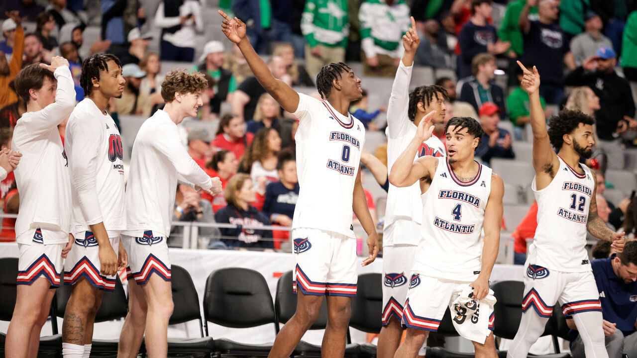 FORT WORTH, TX - MARCH 15: Florida Atlantic Owls bench celebrates a turn over during the AAC Men's Basketball Championship - Quarterfinal game between North Texas Mean Green and FAU Owls at Dickies Arena on March 15, 2024 in Fort Worth, Texas.