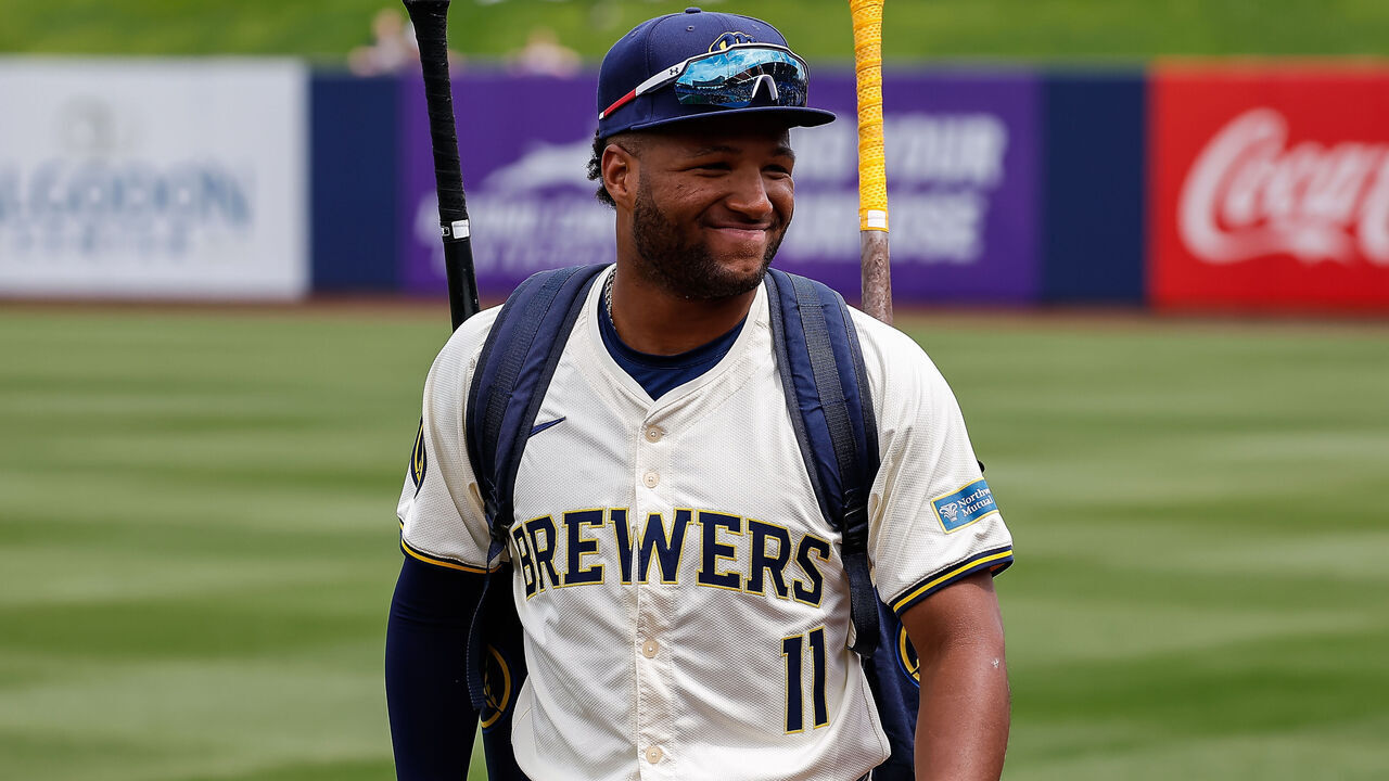 MARYVALE, AZ - MARCH 18: Milwaukee Brewers outfielder Jackson Chourio (11) looks on before the MLB spring training baseball game between the Los Angeles Angels and the Milwaukee Brewers on March 18, 2024 at American Family Fields in Maryvale, Arizona.