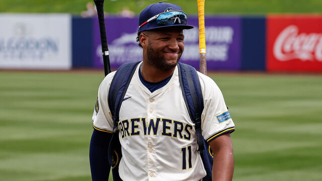 MARYVALE, AZ - MARCH 18: Milwaukee Brewers outfielder Jackson Chourio (11) looks on before the MLB spring training baseball game between the Los Angeles Angels and the Milwaukee Brewers on March 18, 2024 at American Family Fields in Maryvale, Arizona.