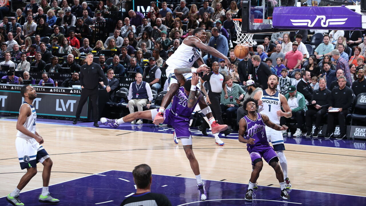SALT LAKE CITY, UT - MARCH 18: Anthony Edwards #5 of the Minnesota Timberwolves dunks the ball during the game against the Utah Jazz on March 18, 2024 at Delta Center in Salt Lake City, Utah. Mandatory Copyright Notice: Copyright 2024 NBAE