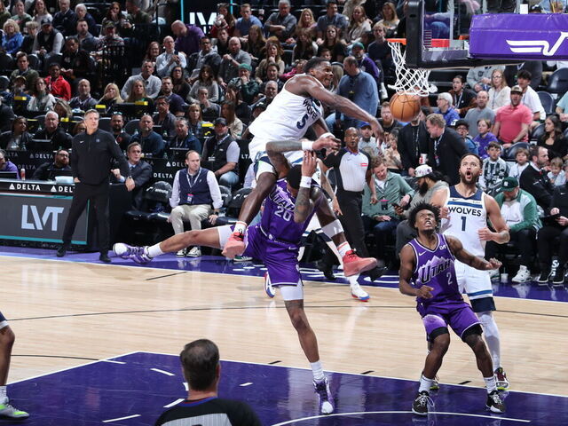 SALT LAKE CITY, UT - MARCH 18: Anthony Edwards #5 of the Minnesota Timberwolves dunks the ball during the game against the Utah Jazz on March 18, 2024 at Delta Center in Salt Lake City, Utah. Mandatory Copyright Notice: Copyright 2024 NBAE