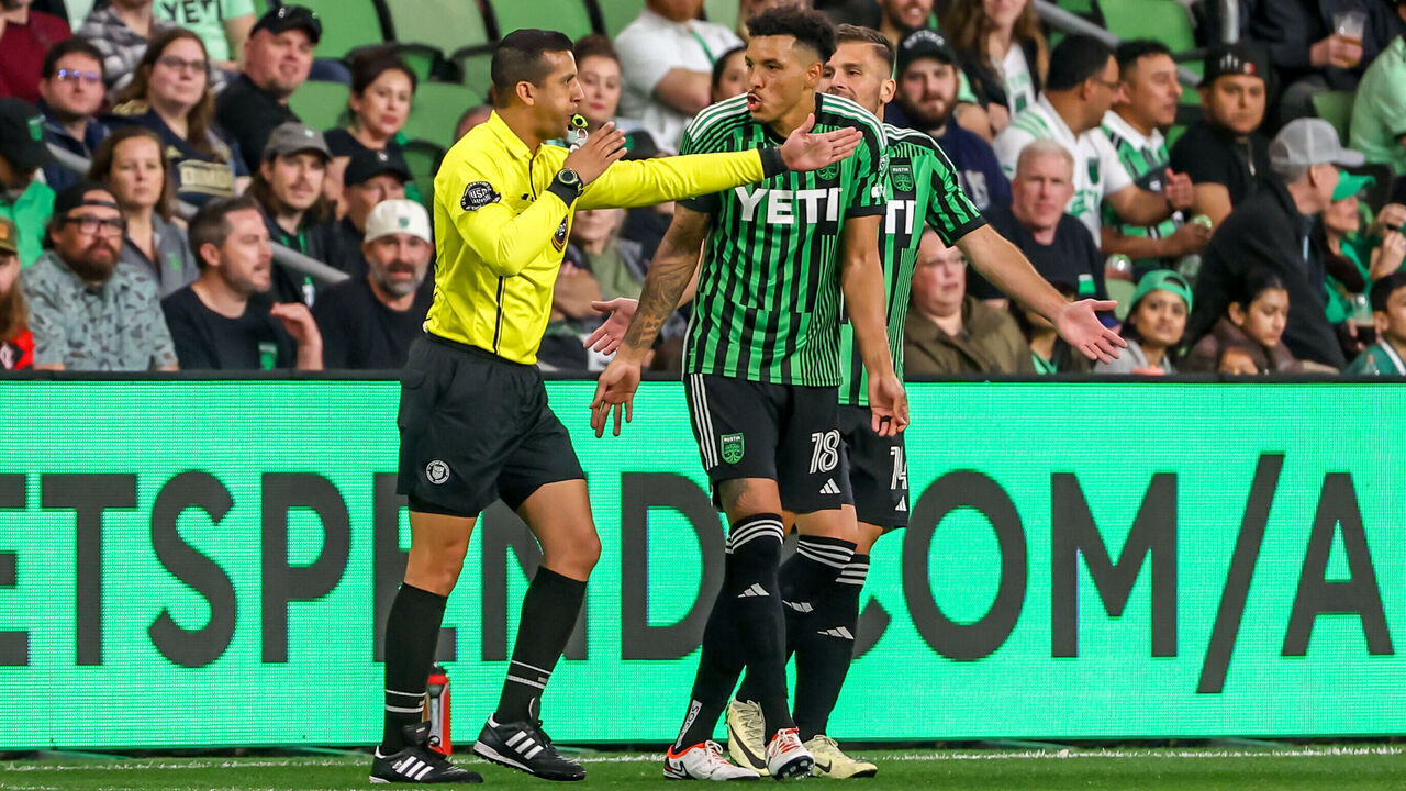 AUSTIN, TX - MARCH 16: The referee calls a penalty kick after a video review during the MLS soccer match between Austin FC and Philadelphia Union on March 16, 2024, at Q2 Stadium in Austin, TX.