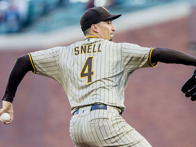 SAN FRANCISCO, CA - AUGUST 30: San Diego Padres starting pitcher Blake Snell (4) throws a pitch during the MLB professional baseball game between the San Diego Padres and San Francisco Giants on August 30 2022 at Oracle Park in San Francisco, CA.