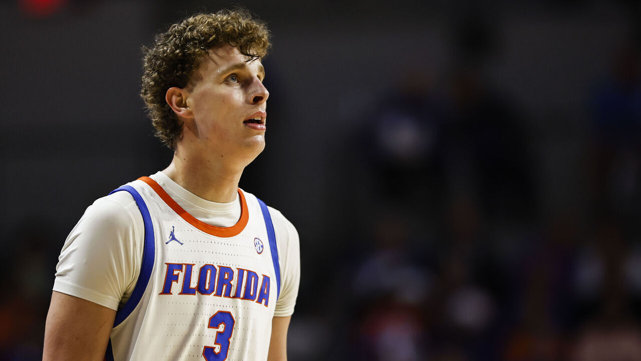 GAINESVILLE, FLORIDA - FEBRUARY 10: Micah Handlogten #3 of the Florida Gators looks on during the second half of a game against the Auburn Tigers at the Stephen C. O'Connell Center on February 10, 2024 in Gainesville, Florida.