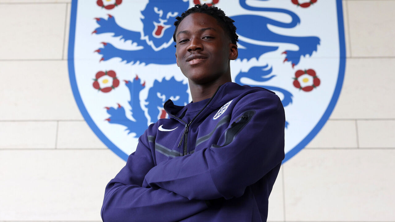 BURTON UPON TRENT, ENGLAND - MARCH 19: Kobbie Mainoo of England poses for a photo at St George's Park on March 19, 2024 in Burton upon Trent, England.