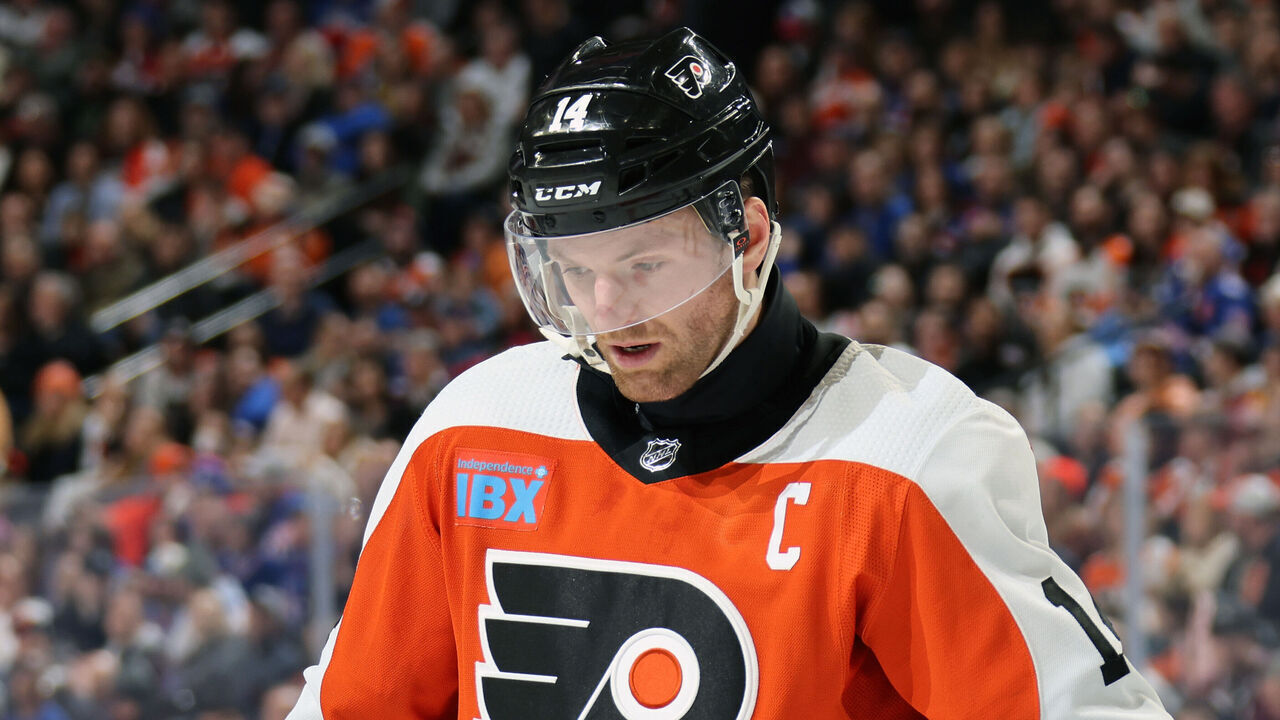 PHILADELPHIA, PENNSYLVANIA - FEBRUARY 24: Sean Couturier #14 of the Philadelphia Flyers looks down prior to facing off against the New York Rangers at the Wells Fargo Center on February 24, 2024 in Philadelphia, Pennsylvania.