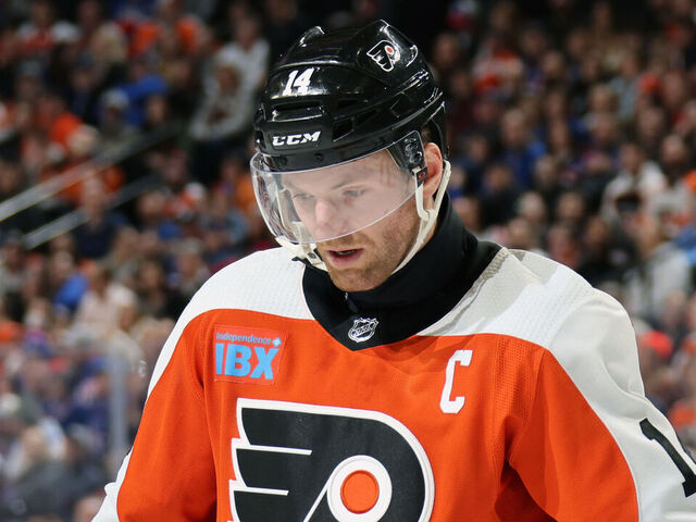 PHILADELPHIA, PENNSYLVANIA - FEBRUARY 24: Sean Couturier #14 of the Philadelphia Flyers looks down prior to facing off against the New York Rangers at the Wells Fargo Center on February 24, 2024 in Philadelphia, Pennsylvania.